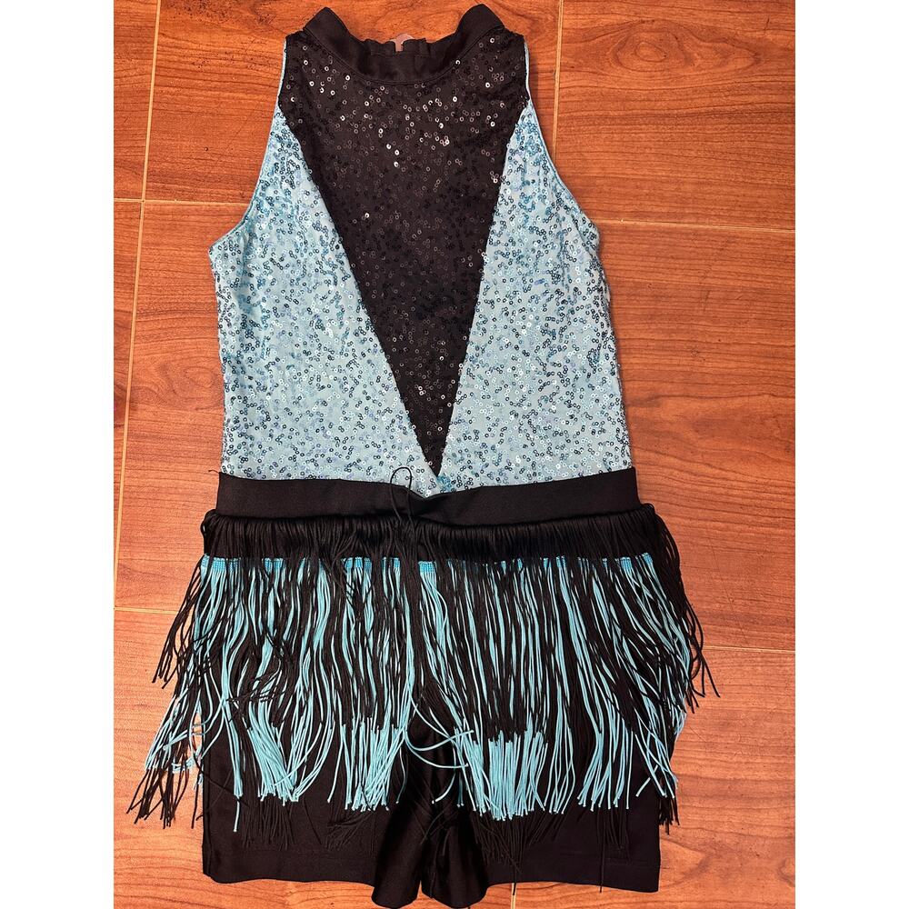 Dance Costume Large Child Turquoise Revolution RC20925 Jazz Tap Sequin Fringe